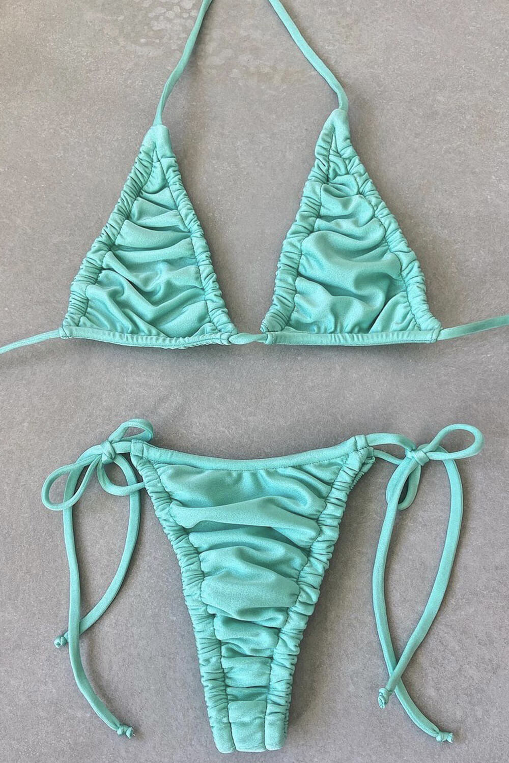 Ruched Triangle Halter String Tie Side Bikini Set
