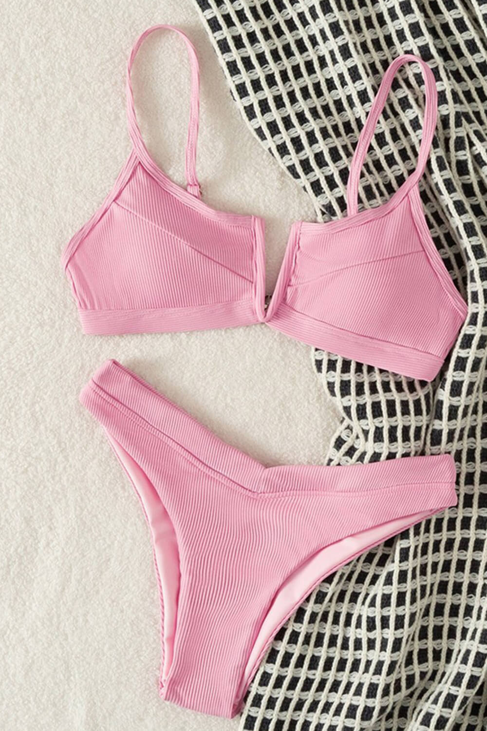 Rib V Wire V Cut High Leg Bikini Set