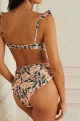 Ruffled Floral-Print Underwire High-Wasit Bikini Set - Green And White Flowers