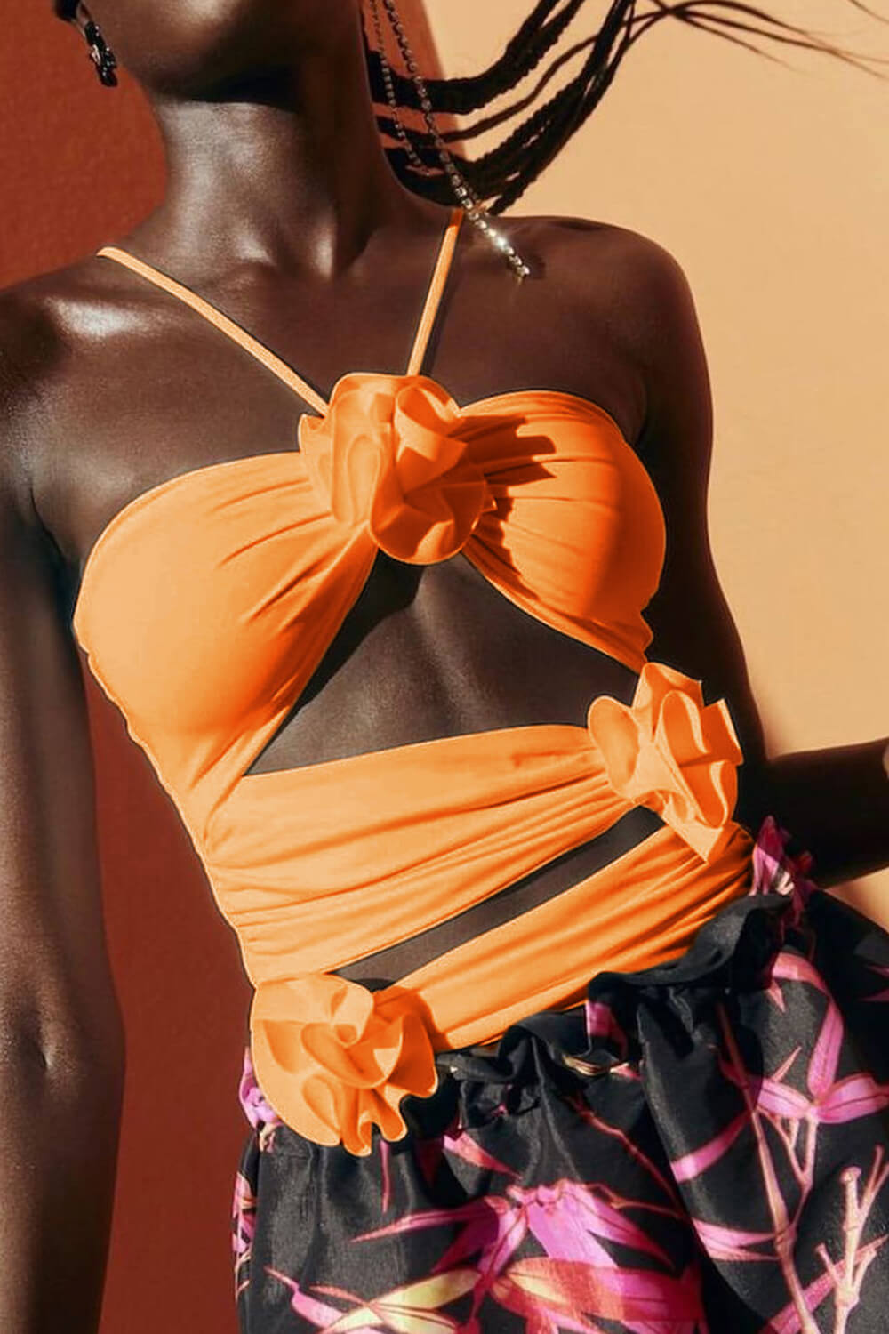 Orange 3 Flower-Shaped Ruffled Cut-Out Halter One Piece Swimsuit