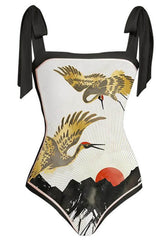 Whooping Craneoral Print Tie-Shoulder One Piece Swimsuit