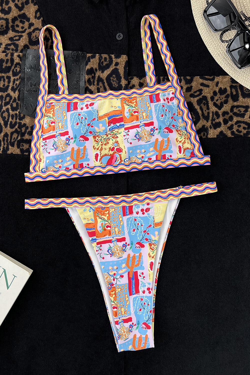 Printed Scoop Neck Bralette Tanga Bikini Set