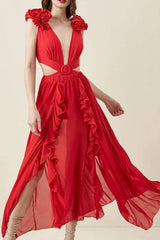 Red Deep V Ruffled Cutout One Piece Swimsuit