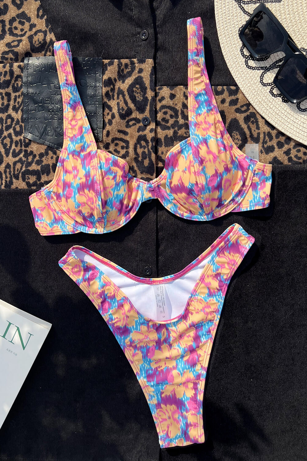 Tie-Dye Floral Print Underwire Balconette High-Cut Bikini Set