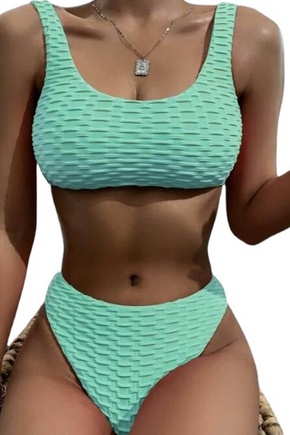 Checkered Terry Towel Cropped High Waisted Bikini Set - Hot Pink/Greenyellow/Aquamarine