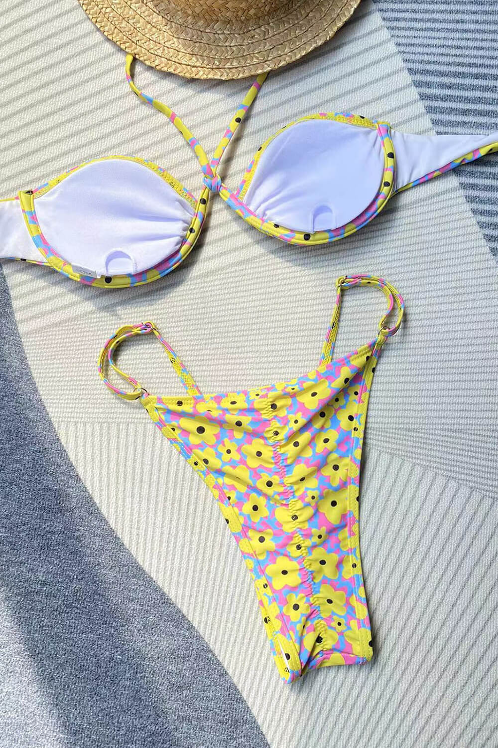 Halter-Neck Bralette V Wire Bralette Tanga Scrunch Back Bikini Set - Yellow Flowers