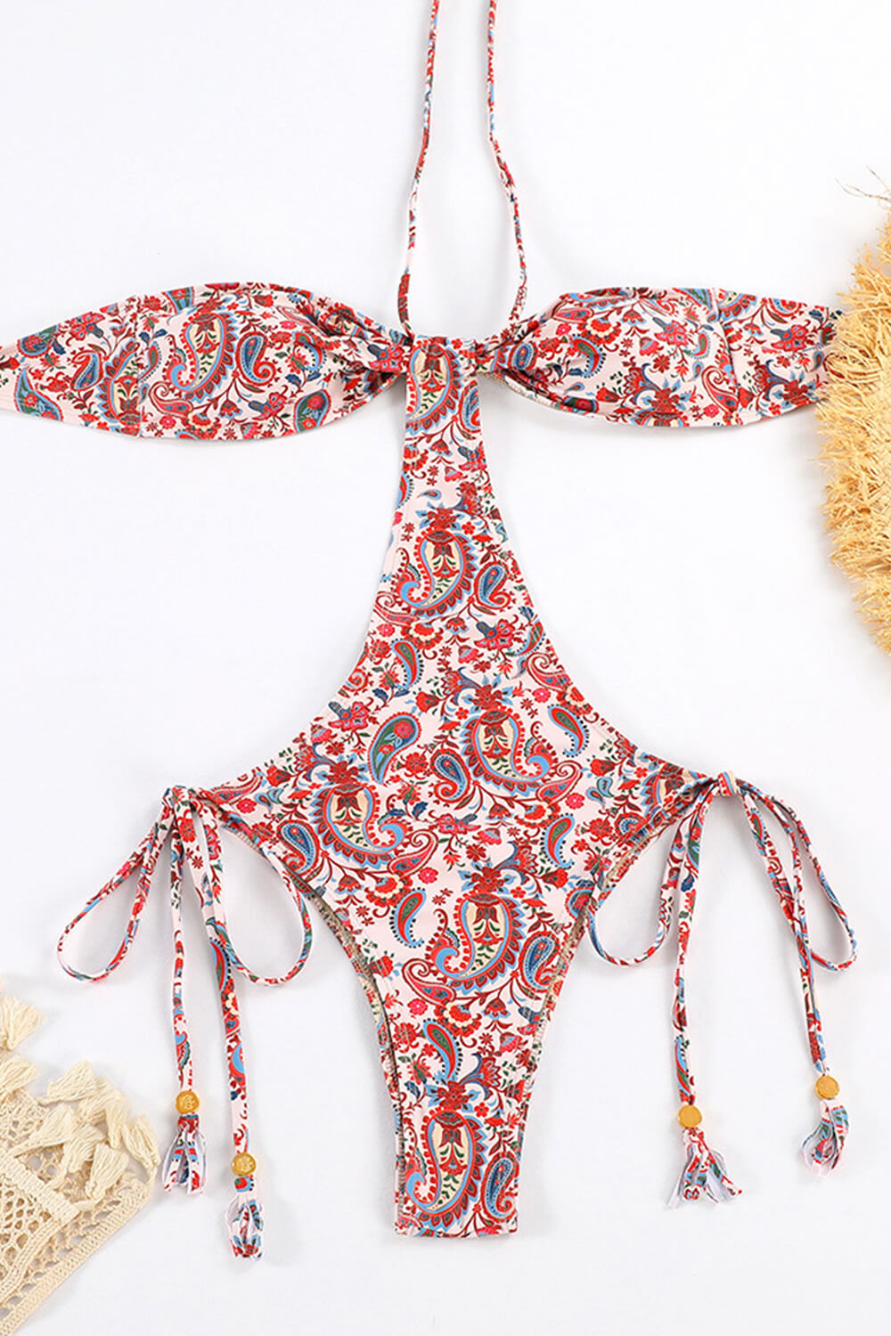 Paisley Print Bandeau Cut-Out Halter-Neck Tie Side One Piece Swimsuit
