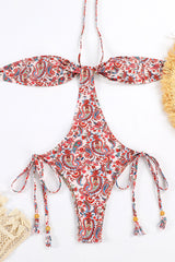 Paisley Print Bandeau Cut-Out Halter-Neck Tie Side One Piece Swimsuit
