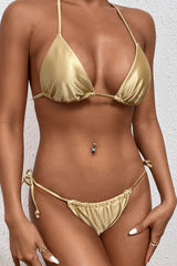 Metallic Gold Halter Tie Side High-Cut Bikini Set