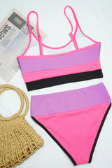 Colorblock Rib Sporty High-Waist Bikini Set - Pink&Lilac&Black