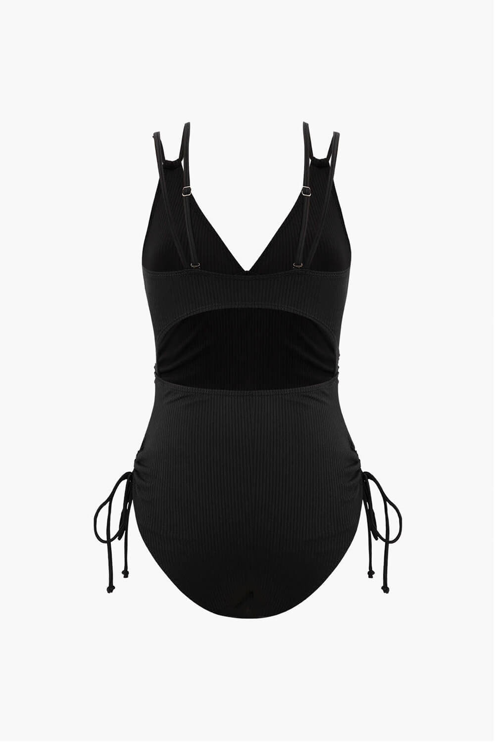 Double Strap Ribbed Ruched Lace-Up Side One-Piece Swimsuit - Black