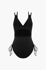 Double Strap Ribbed Ruched Lace-Up Side One-Piece Swimsuit - Black