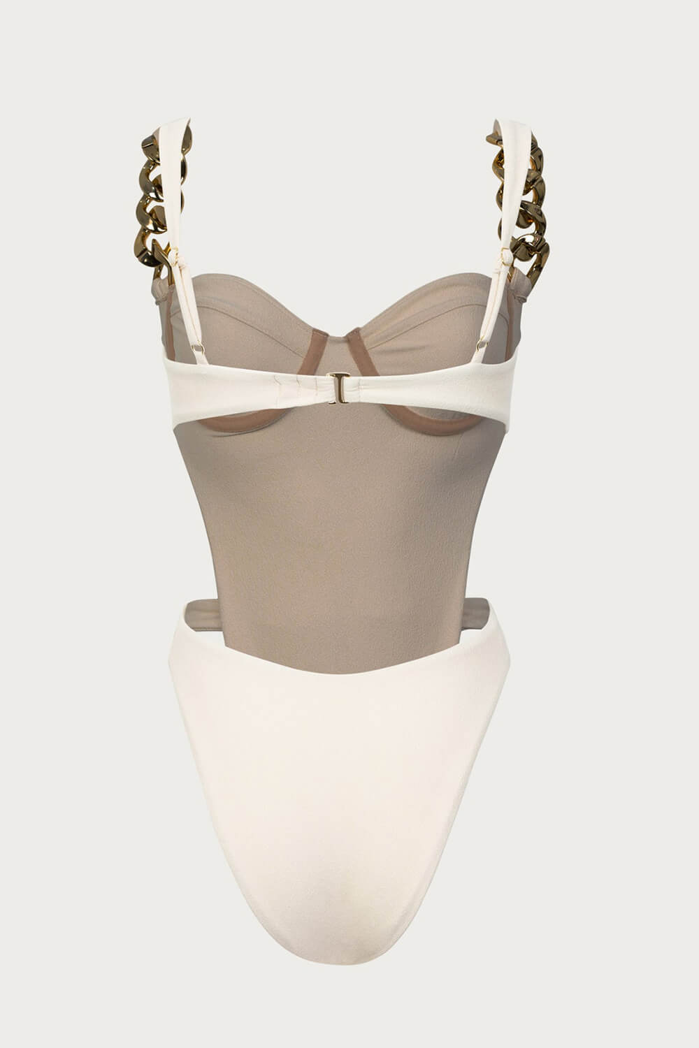 Underwire Wrap Around Gold Chain One Piece Swimsuit - Black/Cream