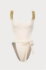 Underwire Wrap Around Gold Chain One Piece Swimsuit - Black/Cream