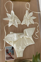 Cream Triangle Flower Applique High-Waisted Tie Front Bikini Set