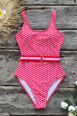 White Pink Contrast Belted One Piece Swimsuit