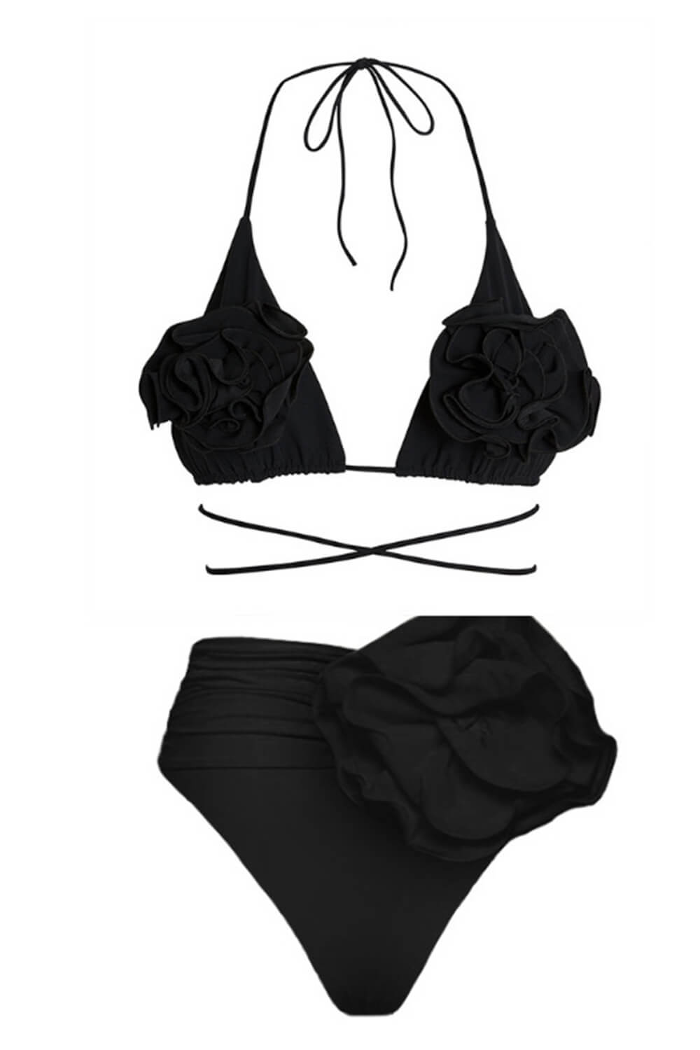 Rose Applique Wrap Tie Halterneck Triangle High-Wasited Bikini Set
