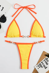 Ribbed Contrast Halter Triangle G-String Brazilian Bikini Set