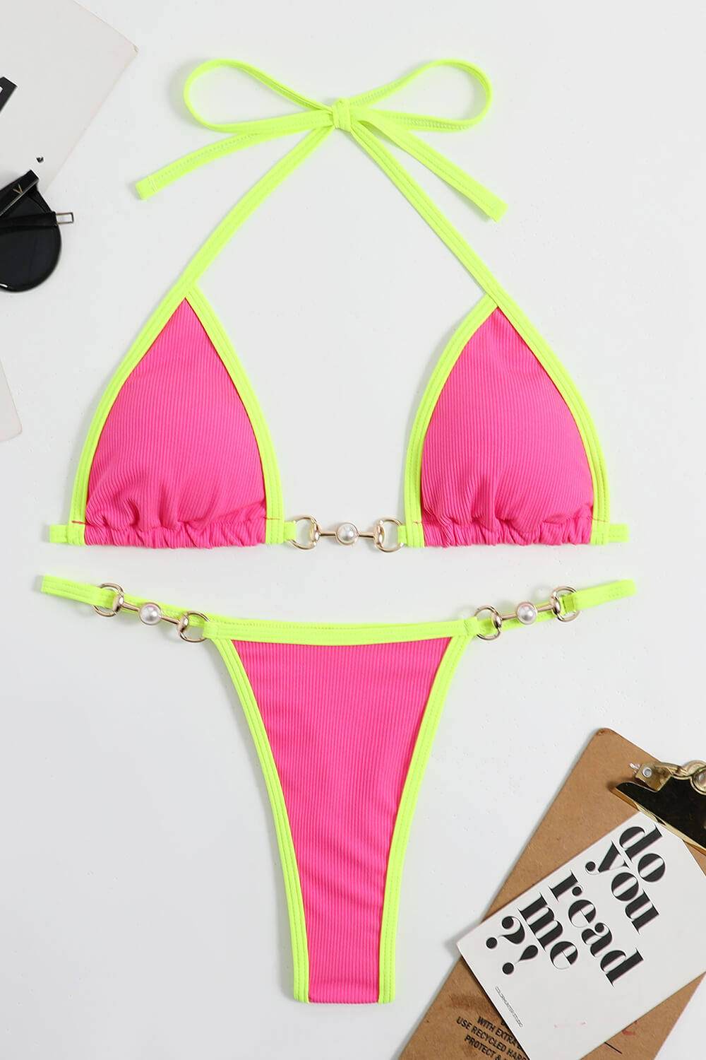 Ribbed Contrast Halter Triangle G-String Brazilian Bikini Set