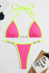 Ribbed Contrast Halter Triangle G-String Brazilian Bikini Set