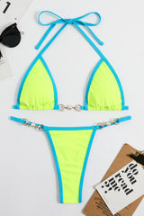 Ribbed Contrast Halter Triangle G-String Brazilian Bikini Set