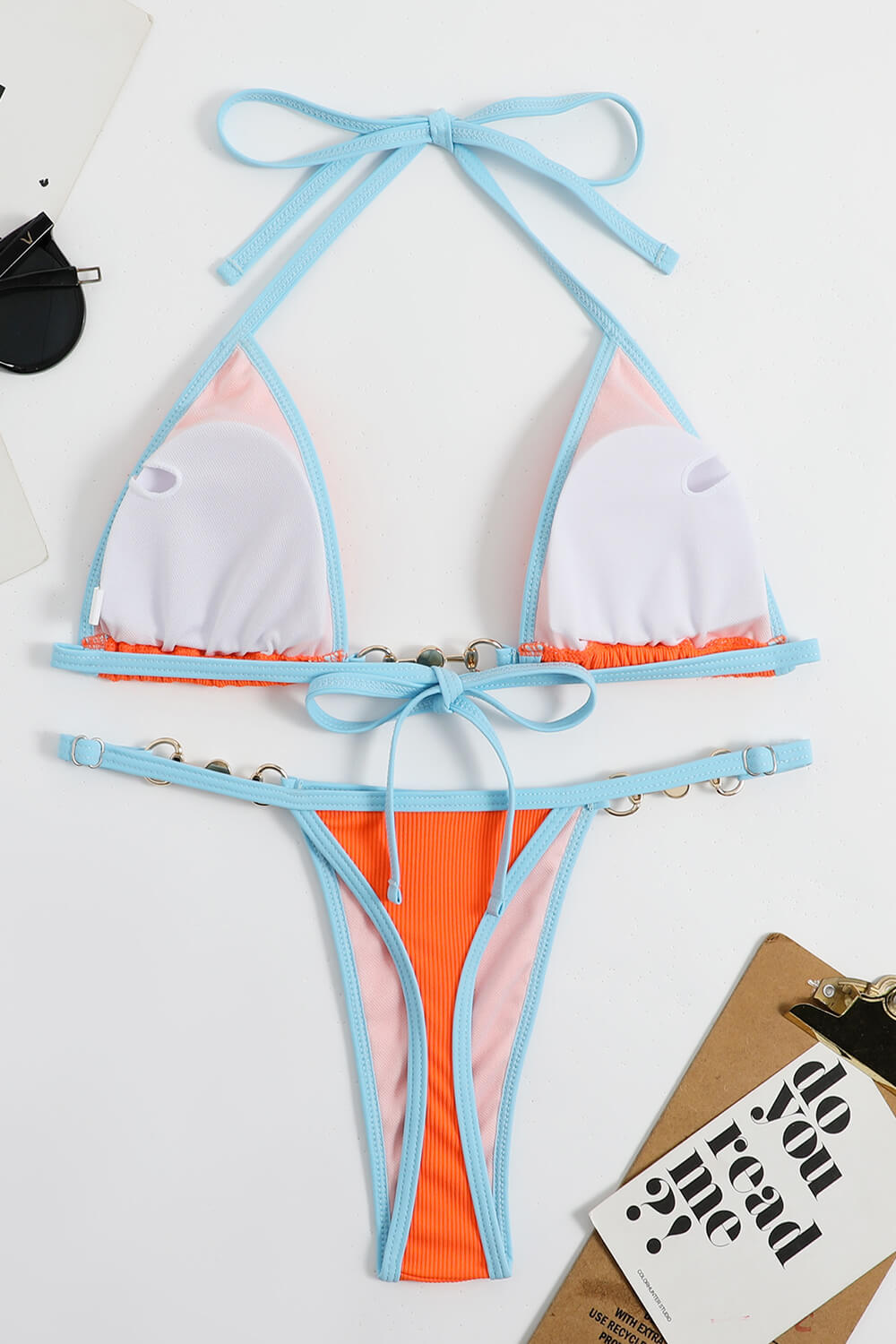 Ribbed Contrast Halter Triangle G-String Brazilian Bikini Set