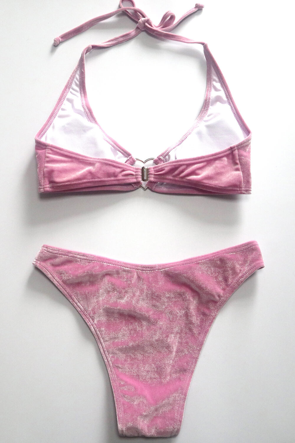 Pink Velvet Halter Bikini Set With Heart Ring Detail