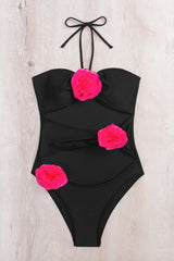 Rose Applique Halter Neck Cut-Out One Piece Swimsuit - Black & Hot Pink