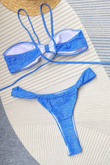 Blue Jeans Flower Wrap Tie Halter Bandeau Bikini Set
