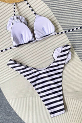 Rosette Triangle Halter High-Cut Bikini Set - Cream Black Stripe