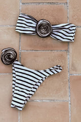 Rosette Bandeau High Waisted Bikini Set - Cream Black Stripe