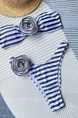 Rosette Bandeau High Waisted Bikini Set - Cream Black Stripe