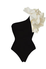 Black White Ruffled One Shoulder One Piece Swimsuit