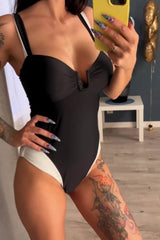 Two Tone 'U' Wire Balconette High-Cut One Piece Swimsuit