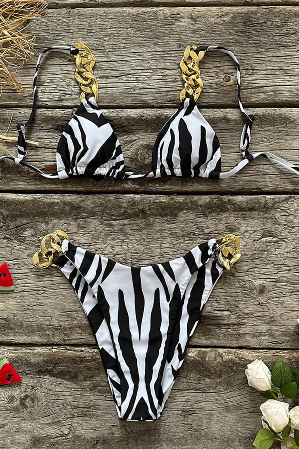 Zebra Print Triangle Gold Chain High-Cut Bikini Set