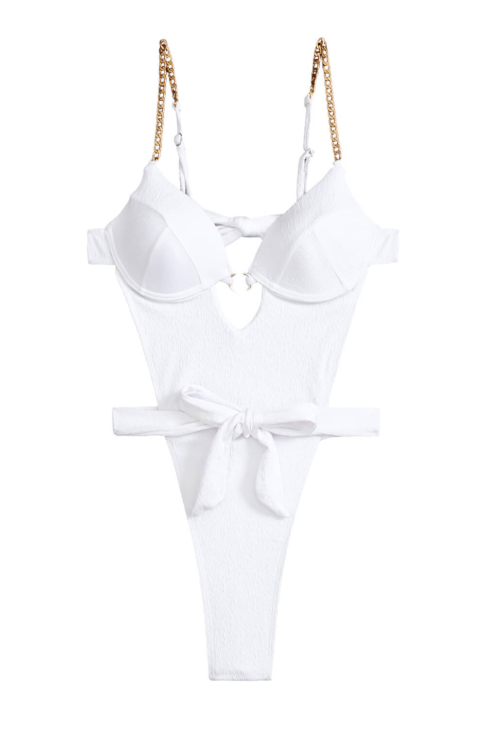 Underwire Wrap Around Cut Out Monokini With Gold Chain Details- White