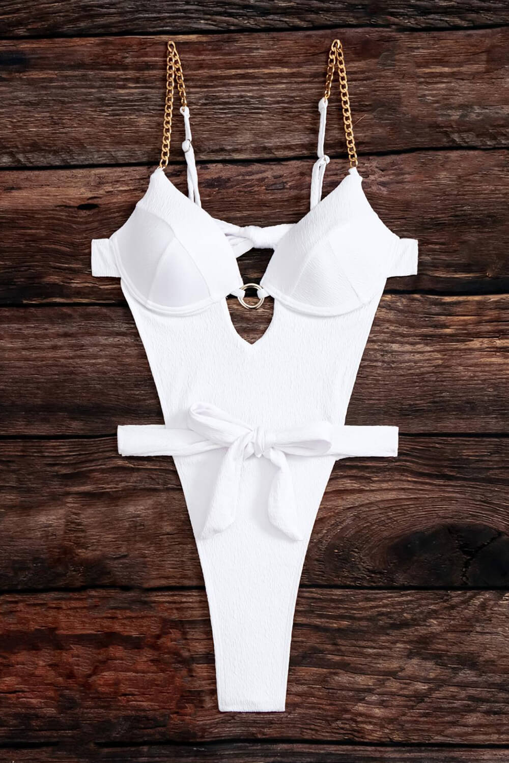 Underwire Wrap Around Cut Out Monokini With Gold Chain Details- White
