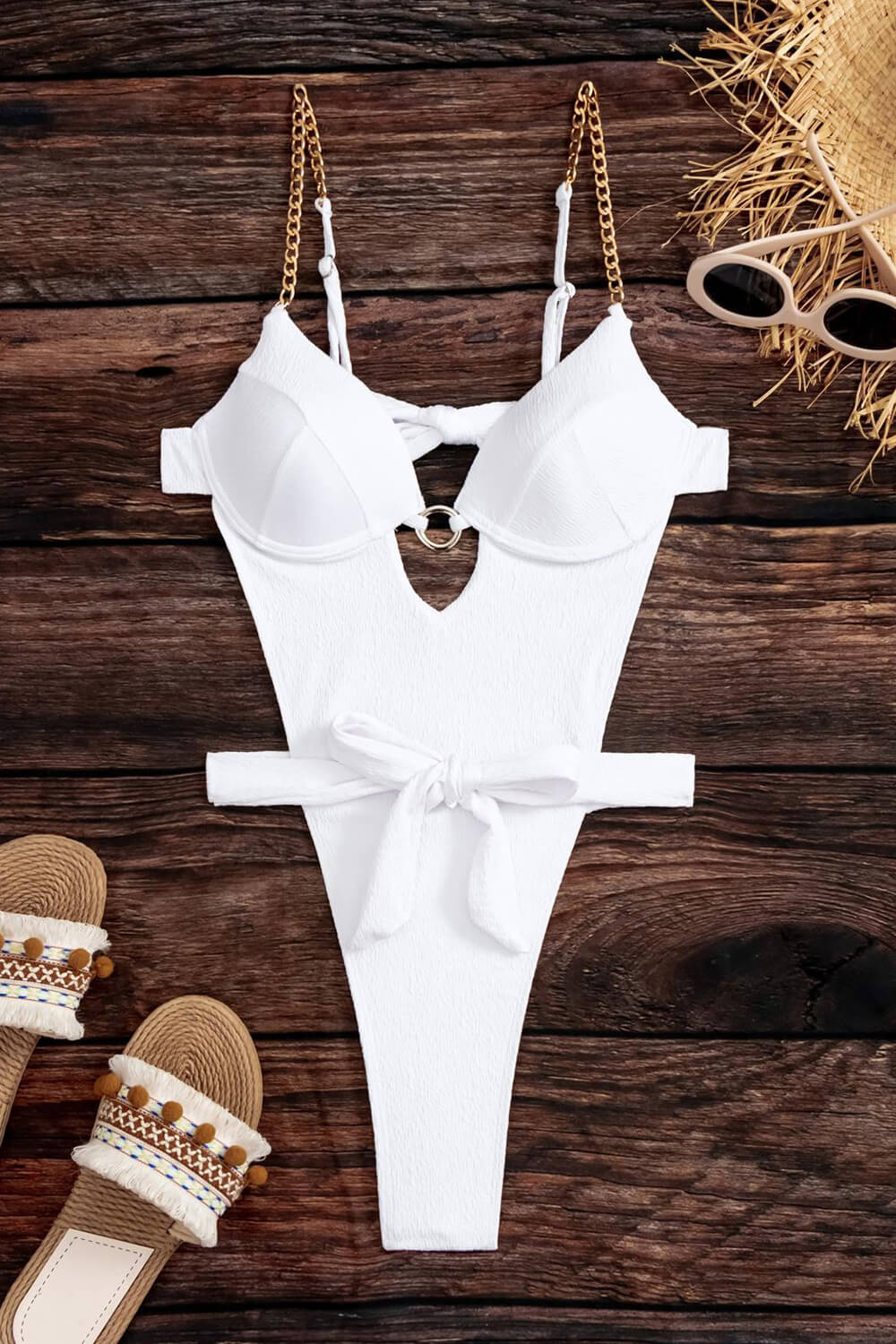 Underwire Wrap Around Cut Out Monokini With Gold Chain Details- White
