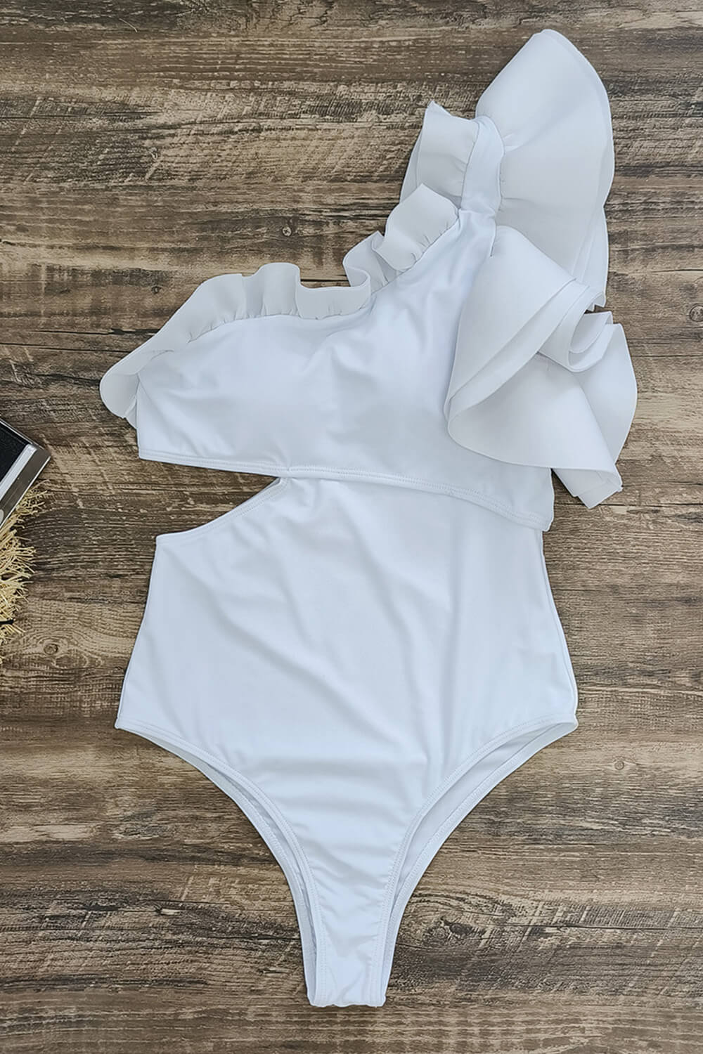 White Ruffle Cut Out One Shoulder One Piece Swimsuit