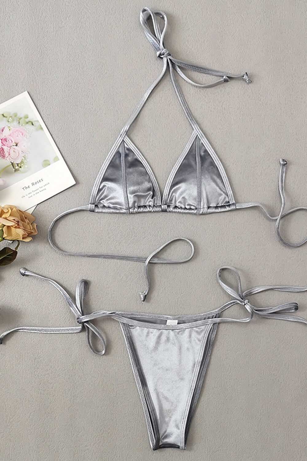 Velvet Triangle Halter Tie Side Bikini Set - Grey