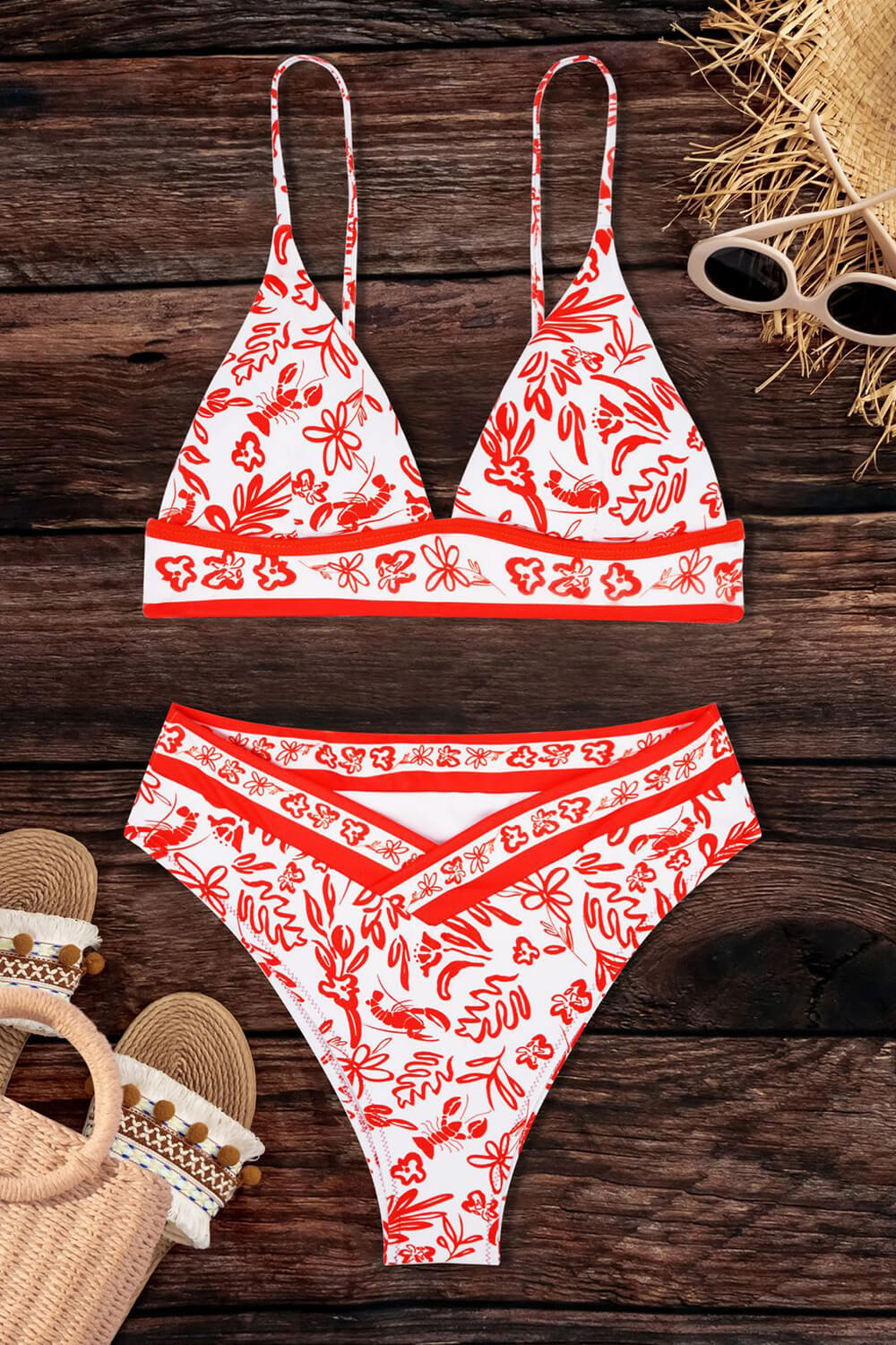Orange Floral Print Triangle High Waisted Bikini Set