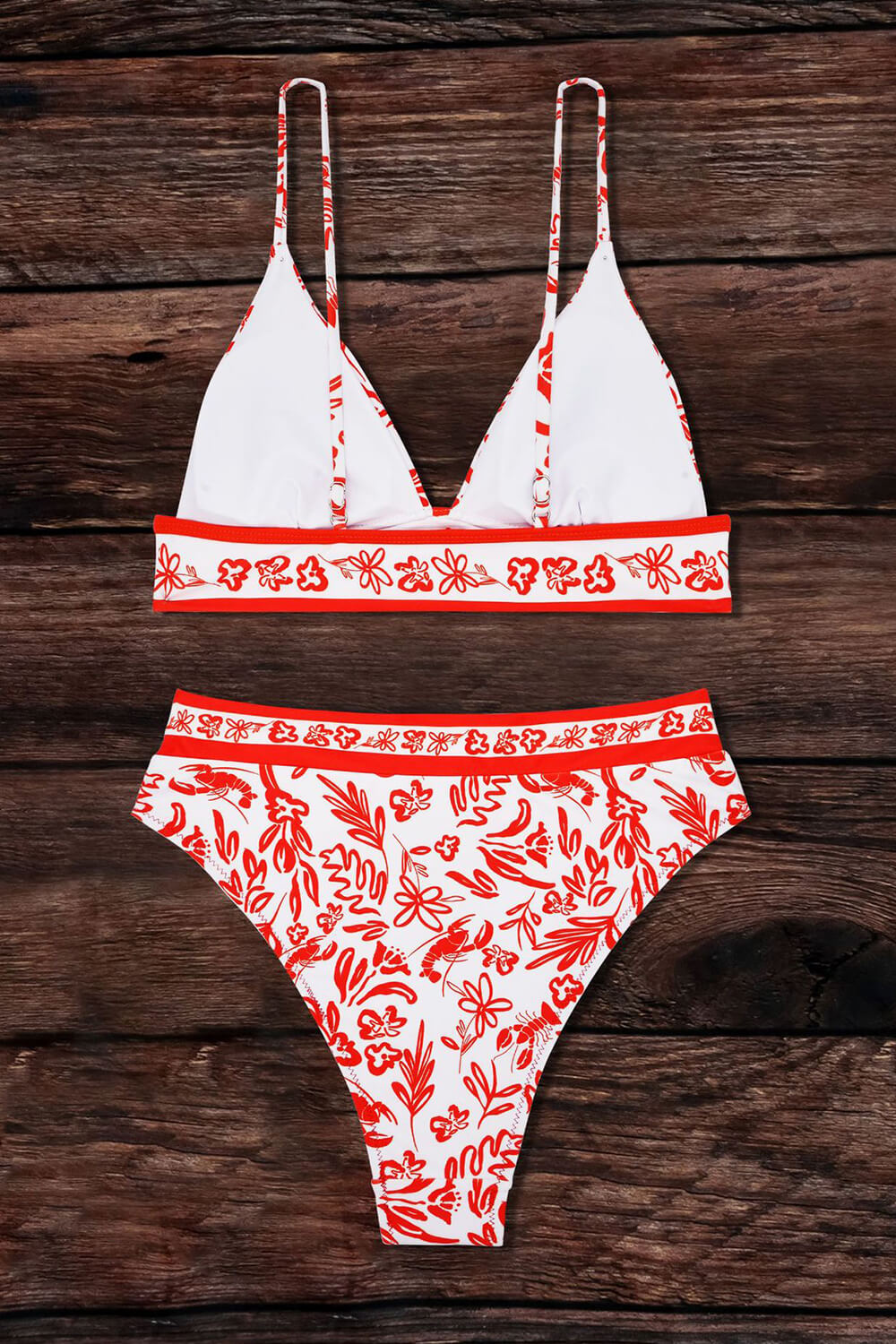 Orange Floral Print Triangle High Waisted Bikini Set