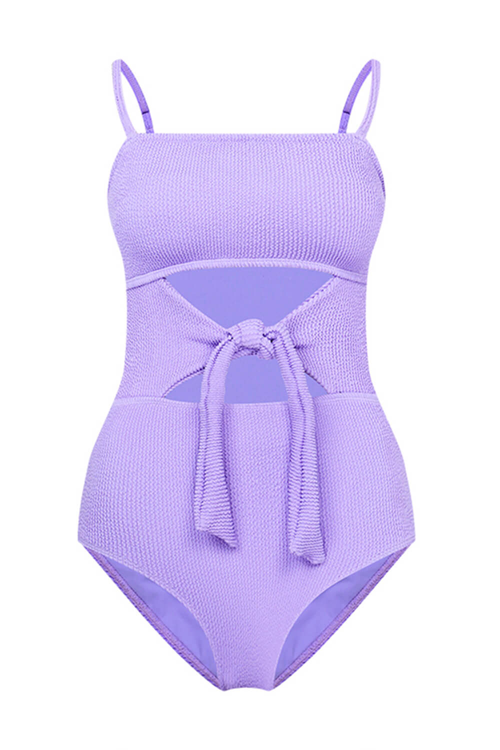 Crinkle Cut-Out Tie Front One Piece Swimsuit - Lilac