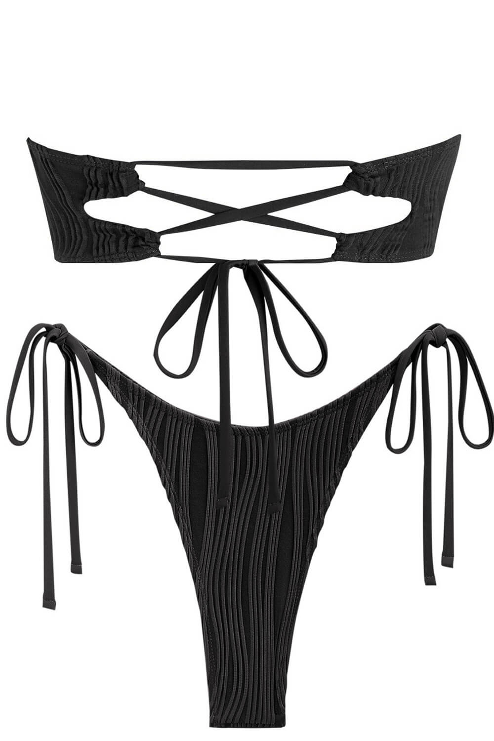 Wave Textured Hammered Trim Bandeau Tie Side Bikini Set - Black