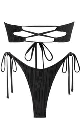 Wave Textured Hammered Trim Bandeau Tie Side Bikini Set - Black