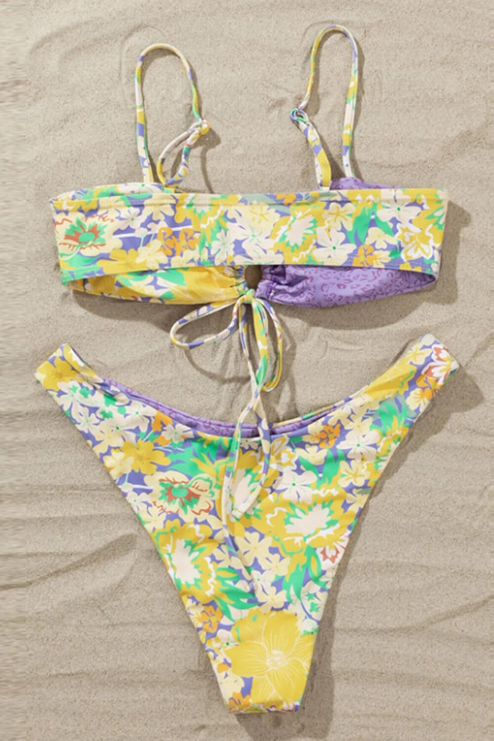 Leopard Daisy Print Tie Front Bandeau Bikini Set