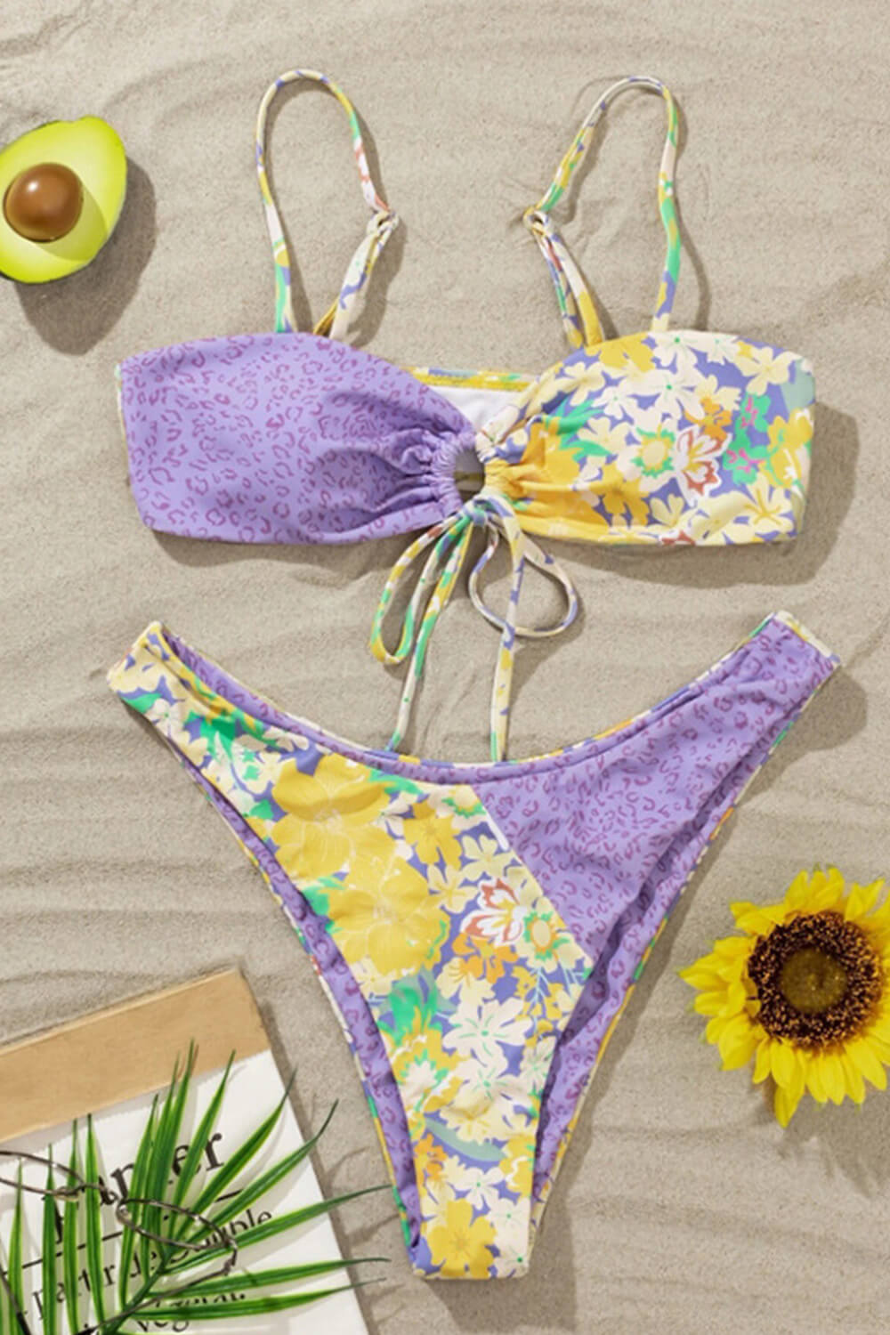 Leopard Daisy Print Tie Front Bandeau Bikini Set