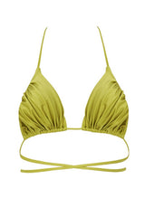 Triangle Halter Strappy Wrap Around Tie Side Ruched Bikini Set - Avocado