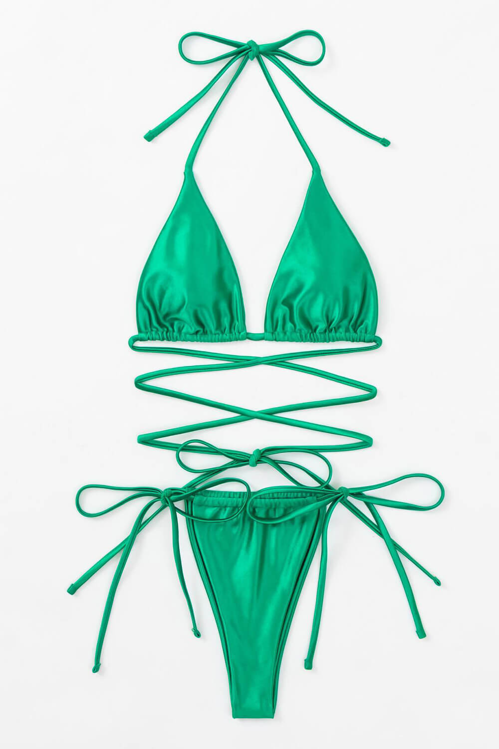Triangle Halter Strappy Wrap Around Tie Side Bikini Set - Green