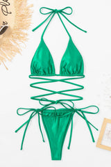 Triangle Halter Strappy Wrap Around Tie Side Bikini Set - Green